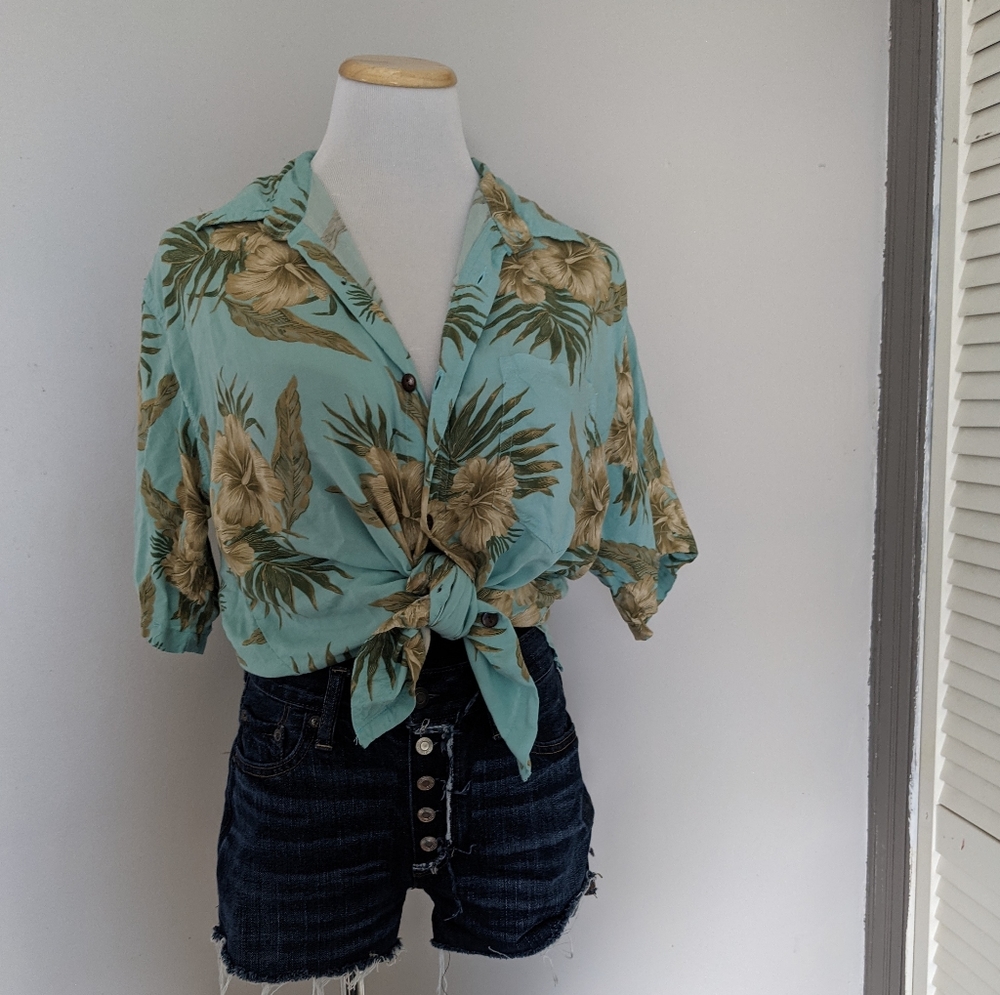 Teal tropical hibiscus floral button up tee shirt